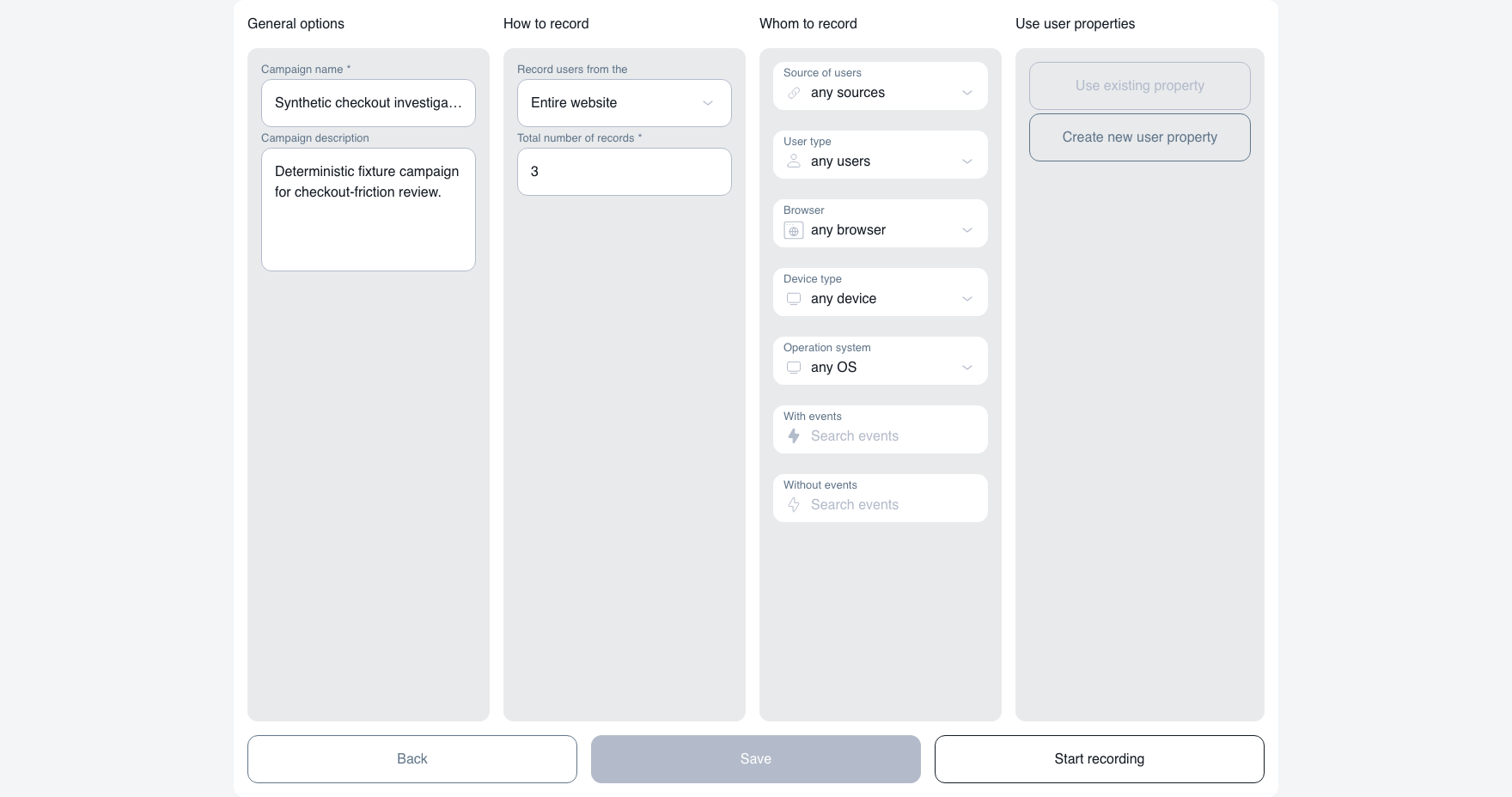 Monolytics Record Campaign editor showing the synthetic checkout campaign, a three-record limit, and fixture targeting before capture