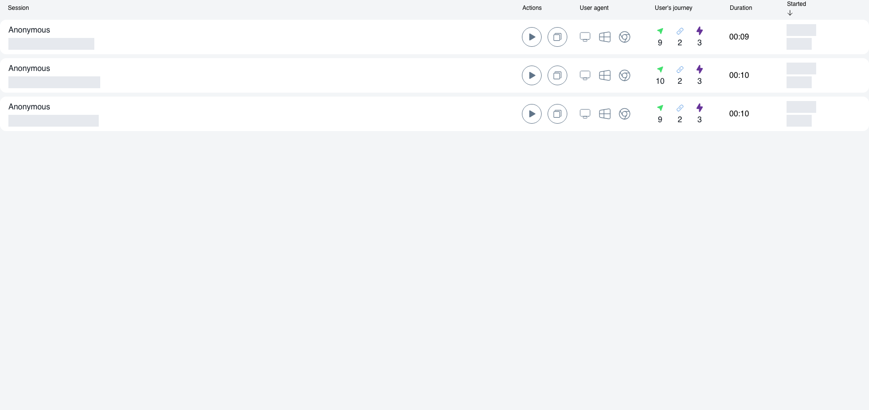 Finished Monolytics Record Campaign showing three anonymized fixture sessions with replay controls and masked session identifiers and timestamps