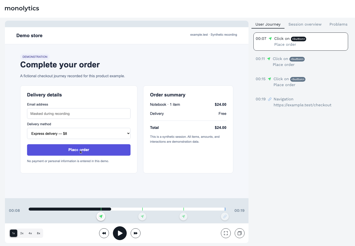 Actual Monolytics session replay player showing a fictional checkout, timeline, playback and speed controls, and timestamped User Journey