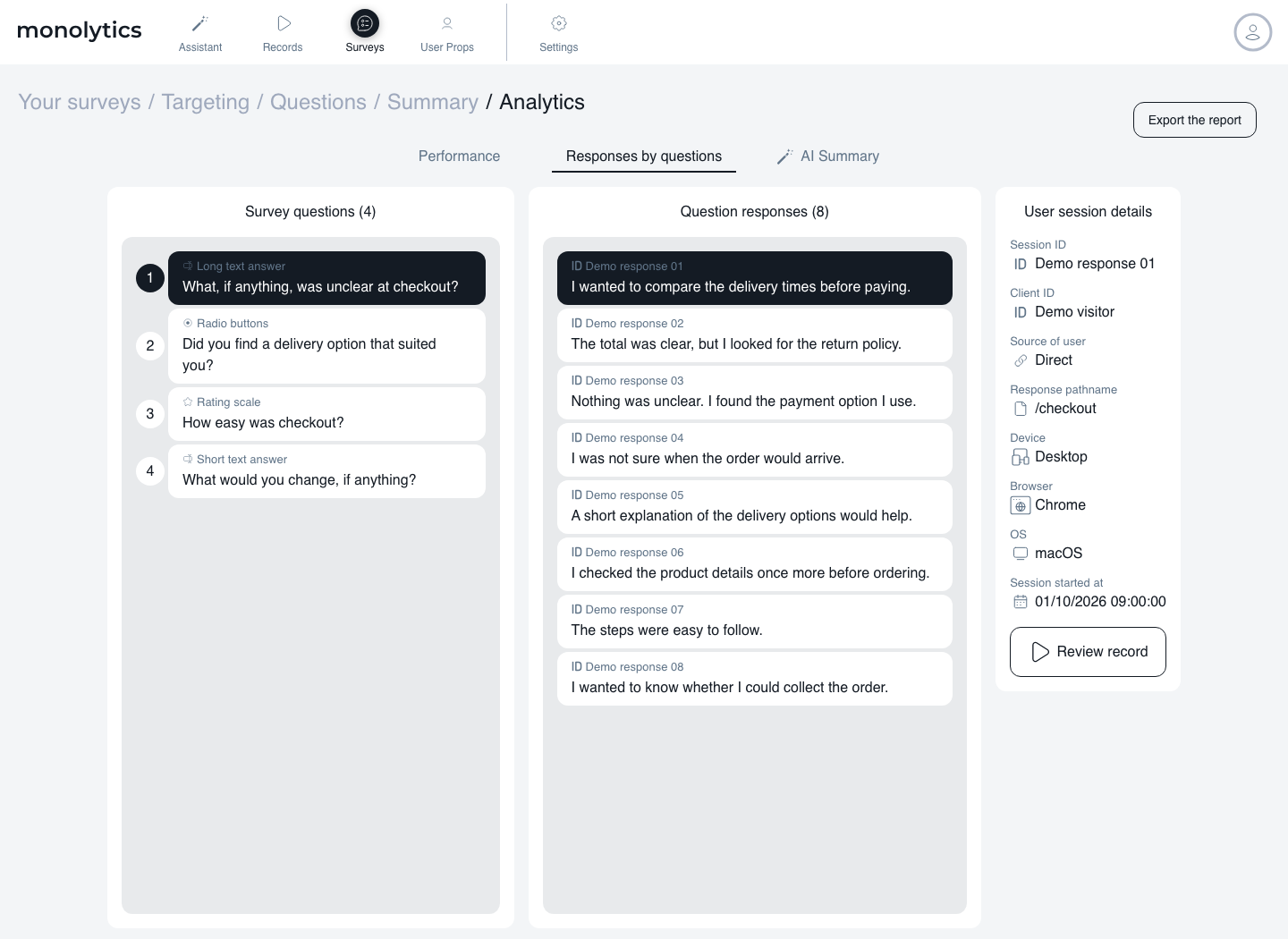 Responses by questions view with four survey questions, eight made-up checkout answers, a selected demo session and an enabled Review record button