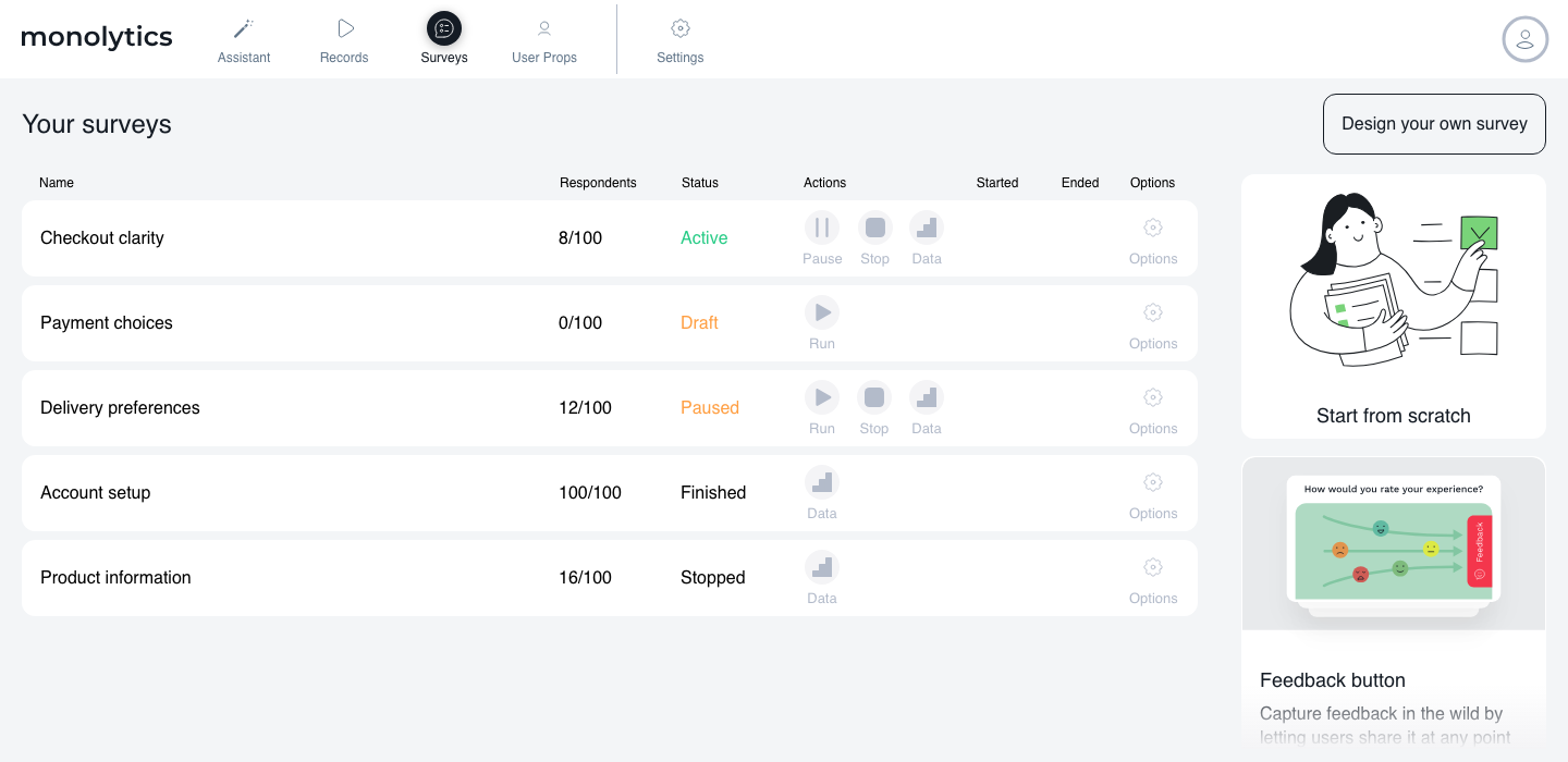 Surveys campaign list with five demo campaigns in Active, Draft, Paused, Finished and Stopped states, respondent counts and available actions