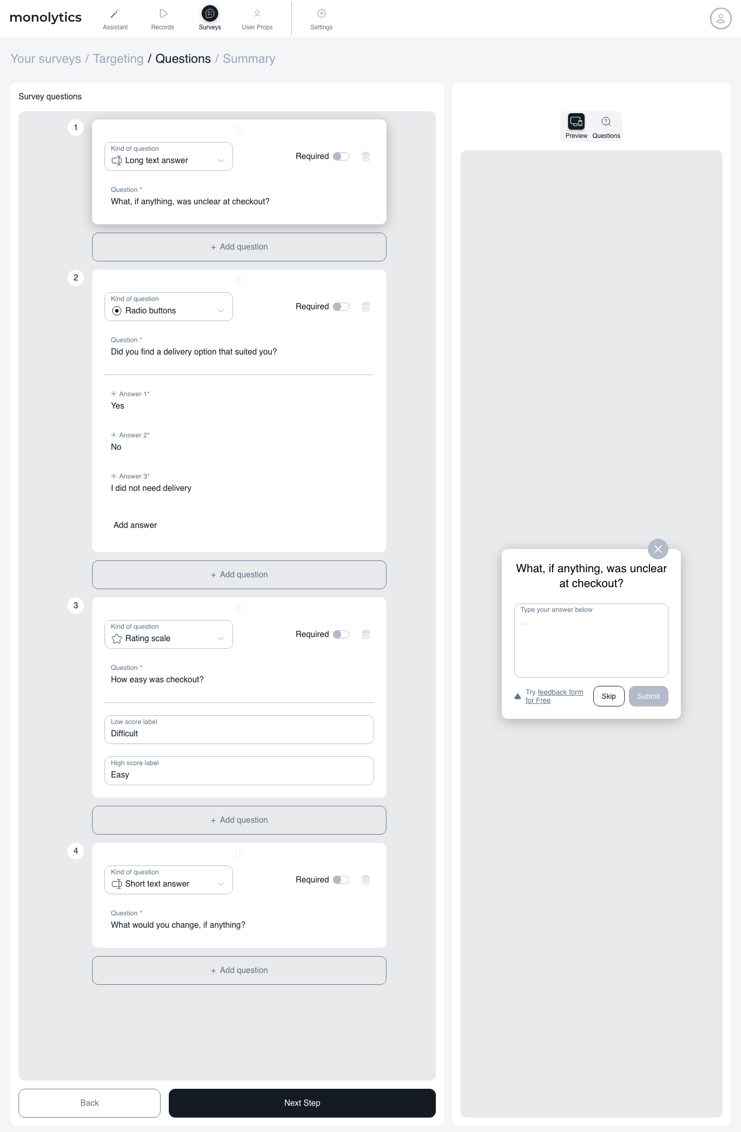 Survey editor with four demo checkout questions using a long text answer, radio buttons, a rating scale and a short text answer, alongside the question preview