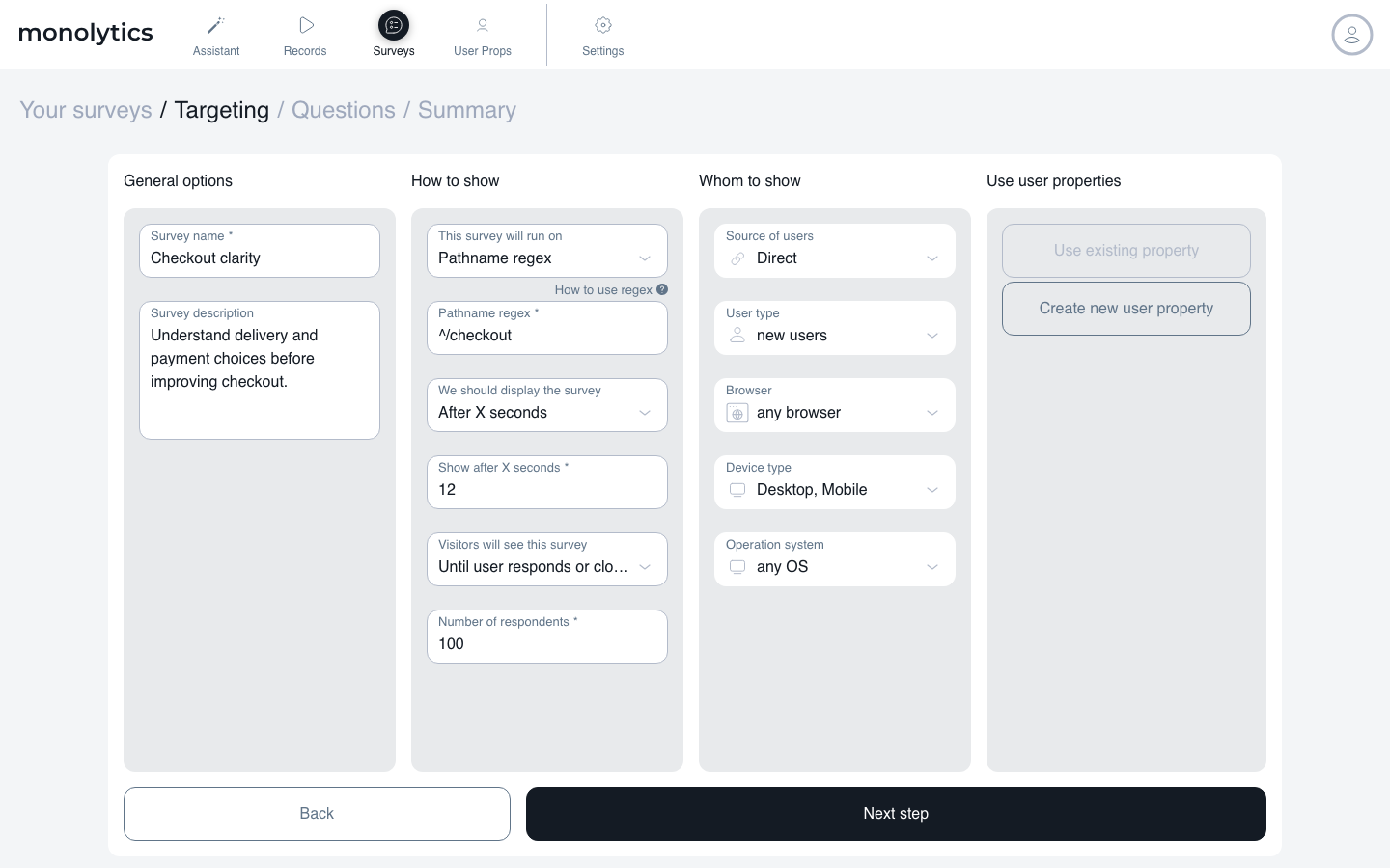 Checkout clarity survey targeting the checkout path after 12 seconds, with Direct source, new visitors, desktop and mobile devices, and a demo collection target
