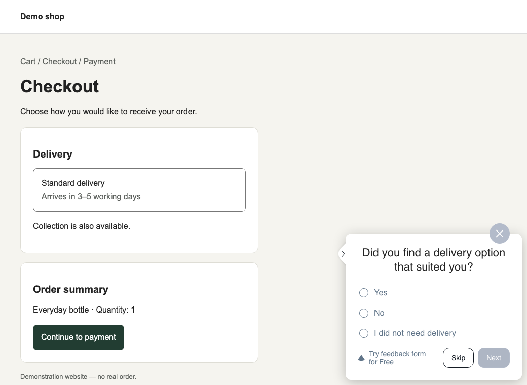 Real Monolytics survey on a demo shop checkout, asking whether a delivery option suited the visitor, with Yes, No and I did not need delivery choices