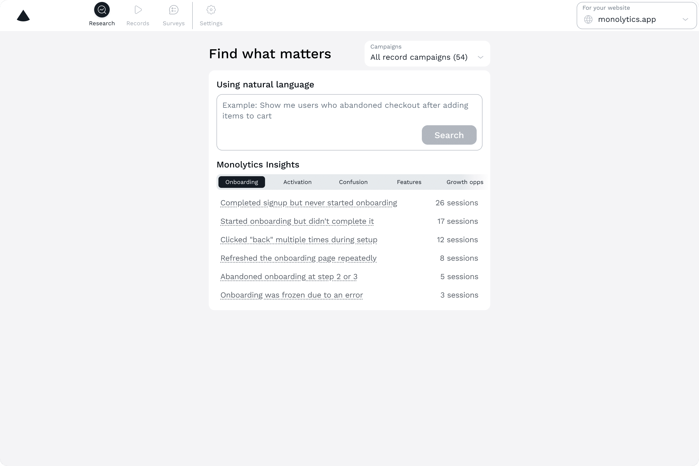 Monolytics insight categories beside a natural-language session search input