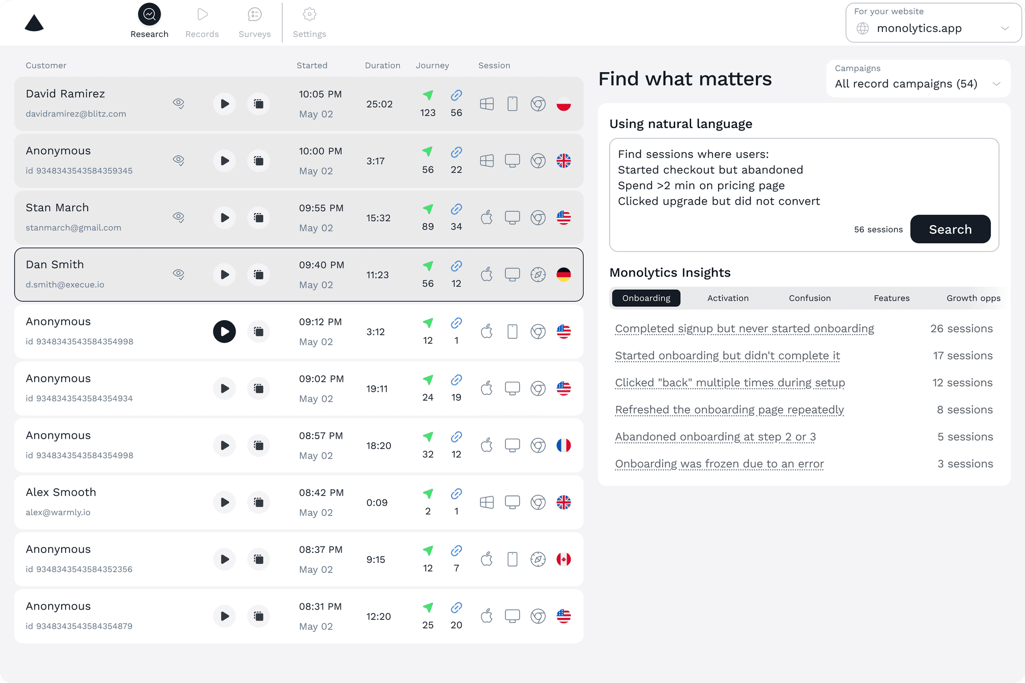 Monolytics workspace with a natural-language session question, relevant sessions, and insight categories